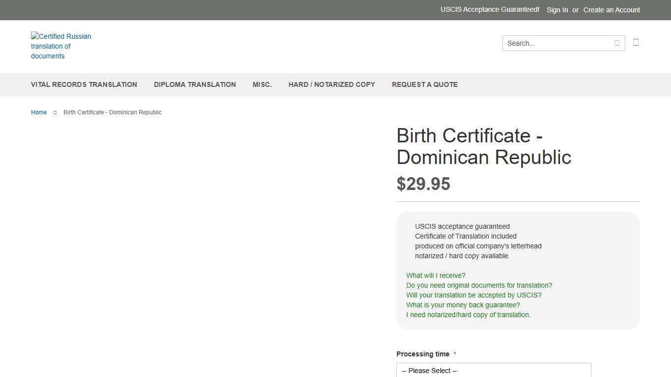 Certified translation of Spanish Birth Certificate, USCIS accepted, notarized copy available
